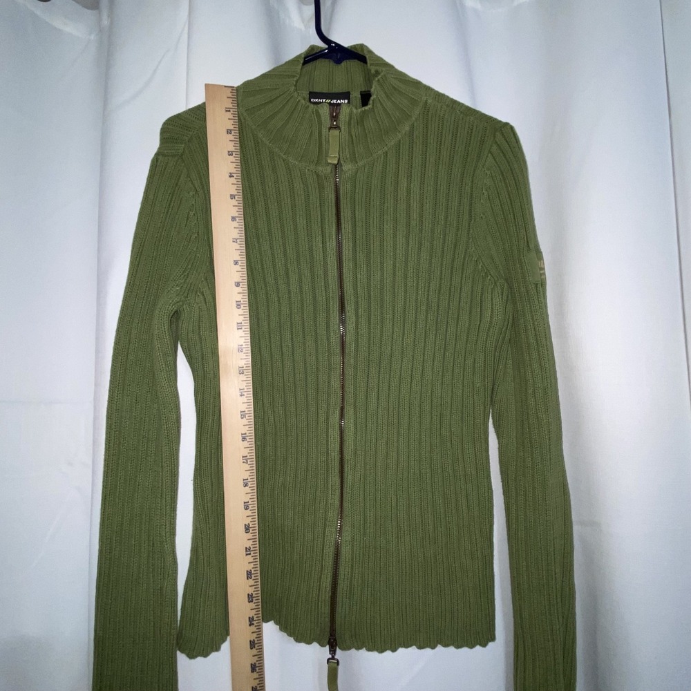 DKNY Jeans Full Front Zip Knit Sweater Women's XL Green Cotton Turtleneck Logo - Picture 7 of 7